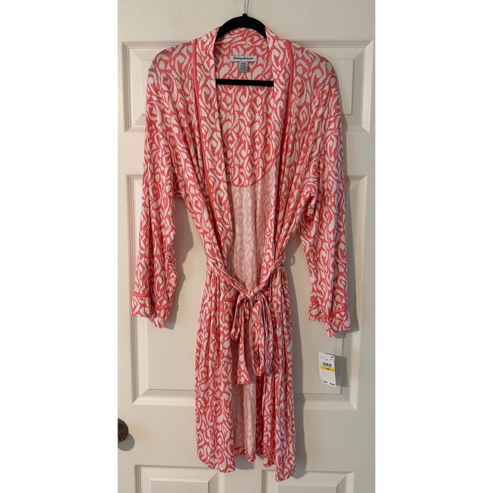 Tommy Bahama Women's M Coral White Printed Knit Tie Waist Robe Cover Up NEW